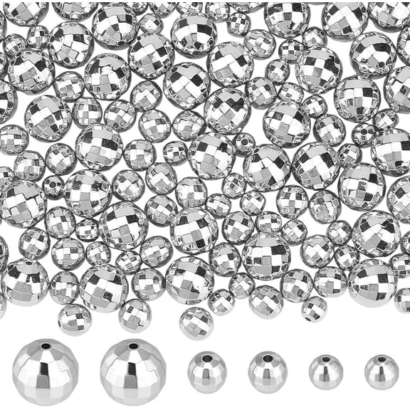 180 Pcs Mirrorball Mini Disco Beads Ball Beads Reflective Sparkly Round Beads Charms Platinum Loose Beads for Bracelets Jewelry Making Earrings Necklaces DIY Crafts Silver