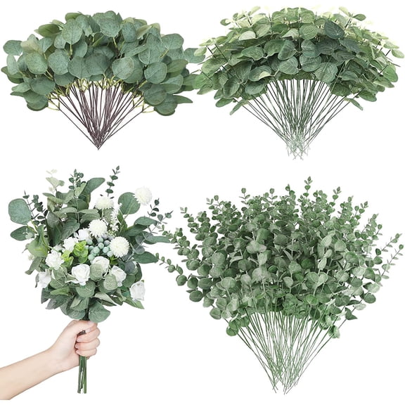 180 Pcs Mixed Artificial Eucalyptus Stems Silver Dollar Leaves Green