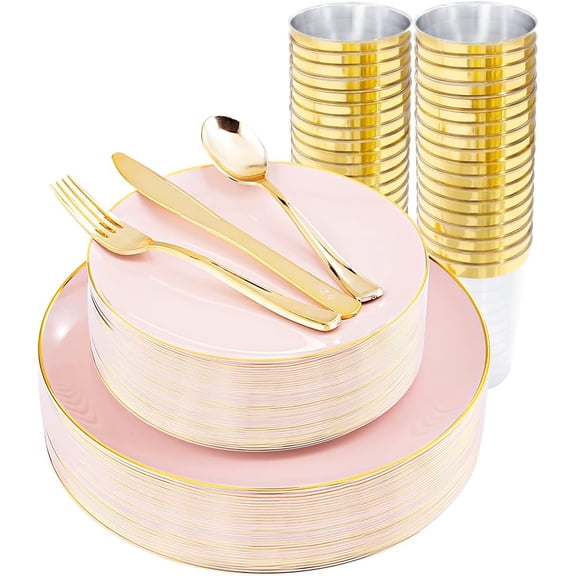 180 Pcs Pink and Gold Disposable Dinnerware Set Plates Cups Silverware for Weddings Birthday Parties