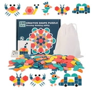 180 Pcs Wooden Tangrams Pattern Blocks Set Geometric Manipulative Shape Puzzle Kindergarten Classic Educational Montessori Toys for Kids Toddlers Ages 4-8 with 24 Pcs Flash Cards