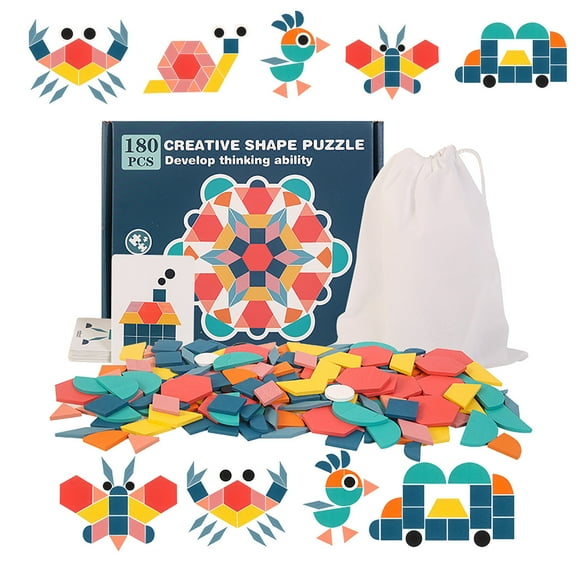 180 Pcs Wooden Tangrams Pattern Blocks Set Geometric Manipulative Shape Puzzle Kindergarten Classic Educational Montessori Toys for Kids Toddlers Ages 4-8 with 24 Pcs Flash Cards