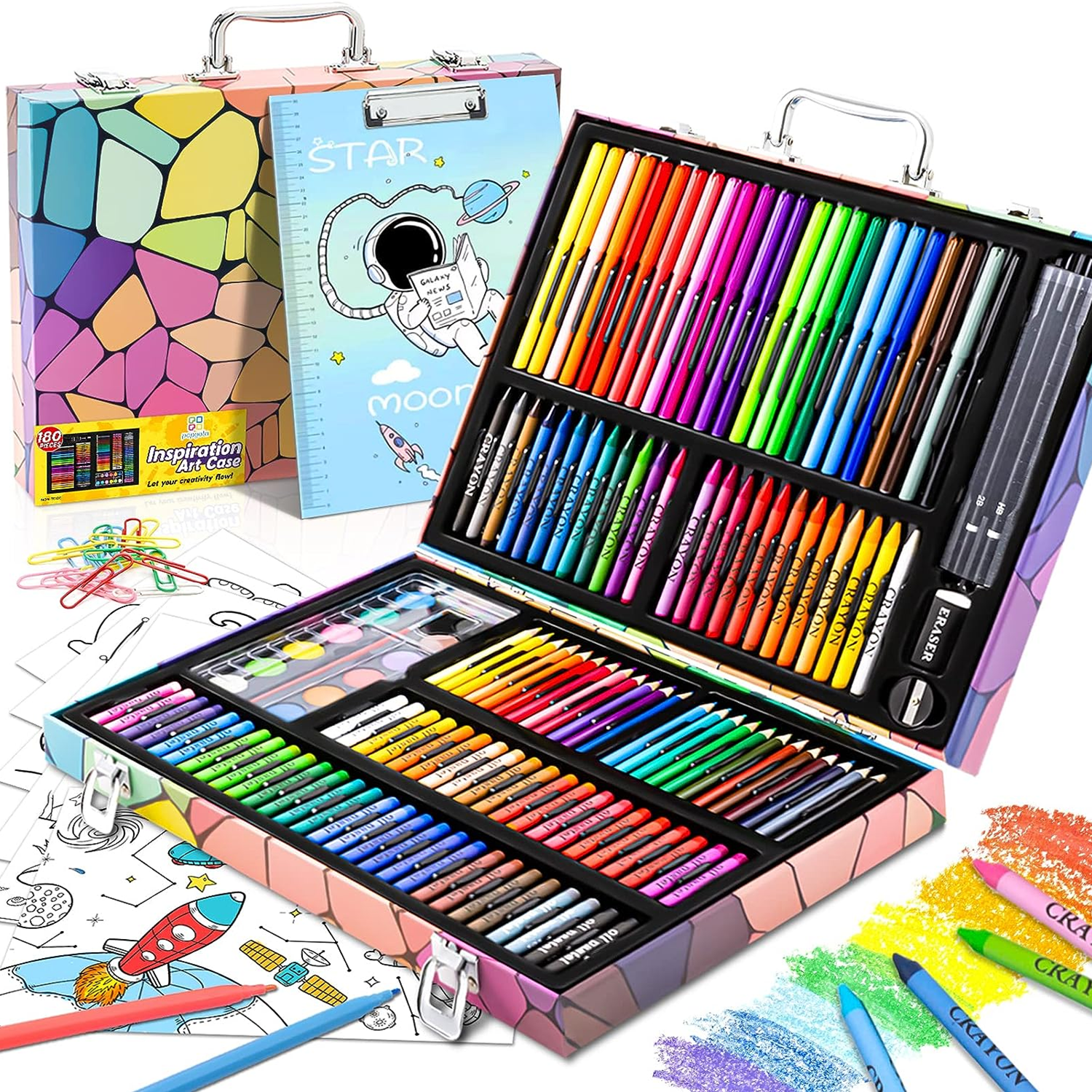 180 Piece Art Supplies, Drawing Painting Art Kit with Clipboard and Coloring Papers