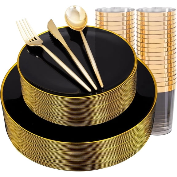180 Piece Black Gold Plastic Dinnerware Set Disposable Plates Silverware Cups Party Wedding