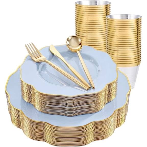 180-Piece Light Blue and Gold Disposable Party Set with Dinner Plates Salad Plates Cutlery and Cups