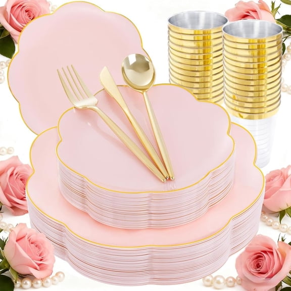 180 Piece Pink Plastic Plates with Gold Plastic Silverware Disposable Party Dinnerware Set