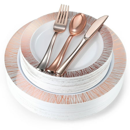 180-Piece Rose Gold Plates & Dinnerware Set – Large & Small Rose Gold Party Plates with Plastic Silverware,Forks,Spoons,Knives for 36 Guests,For New Year’s, Holidays,Parties,Birthdays,Weddings