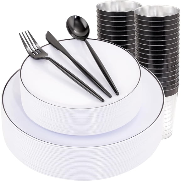180-Piece White and Black Plastic Dinnerware Set with Black-Rim Plates Cups and Silverware