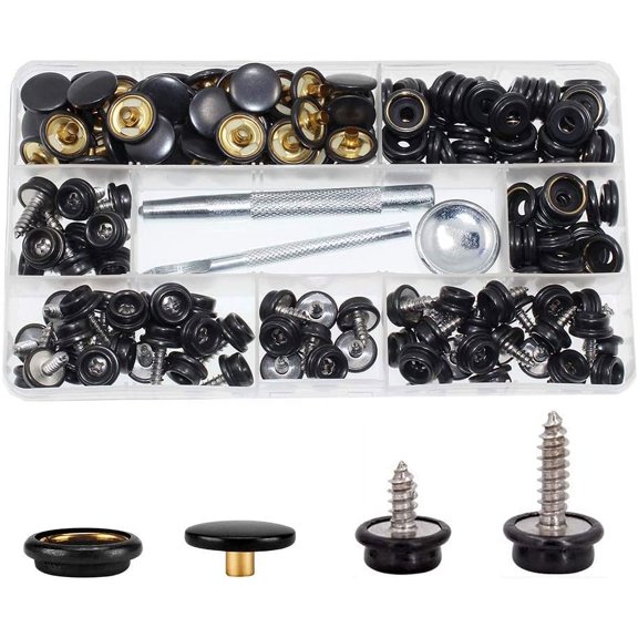 180 Pieces Canvas Snap Kit, Stainless Steel Screws Snaps Marine Grade Canvas and Upholstery Boat Snaps Button Fastener with 3 Setting Tools for Boat Cover Furniture Black