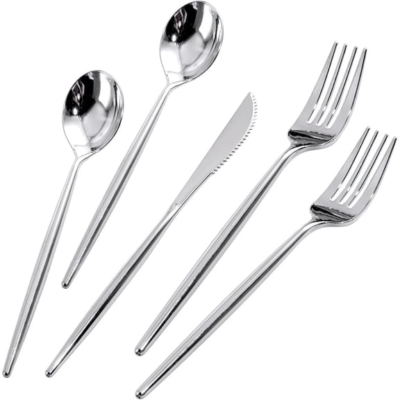 180 Pieces Silver Plastic Flatware, Heavy Duty Silver Cutlery, Elegant Disposable Utensils