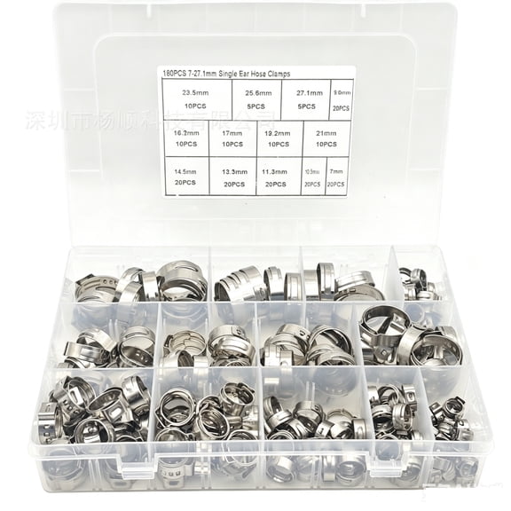 180 Pieces Stainless Steel Single-Eared Non-Adjustable Hose Clamps for Flexible Hoses, 7-27.1 mm