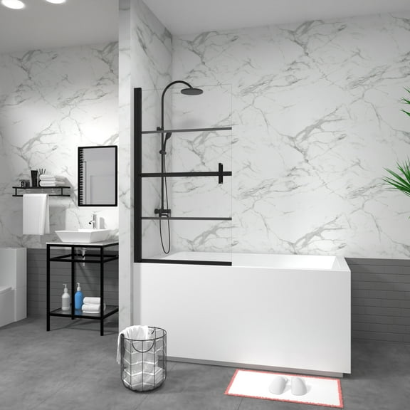 180 Pivot Bathtub Screen Panel, Shower Door, Matte Black