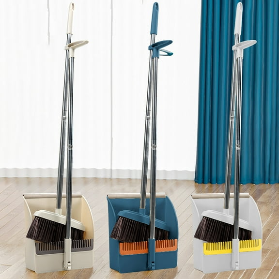 180° Rotatable Broom and Dustpan Set with Self-Cleaning Teeth & Scraper | Adjustable Standing Storage | Lightweight Plastic Broom for Home & Apartment Cleaning | Blue, Khaki, White