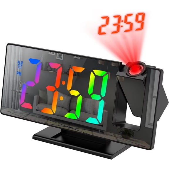 180 ° Rotatable Projection Alarm Clock, LED Mirror Digital Clock with Temperature, USB Plug-in, Snooze, 12/24H for Bedroom