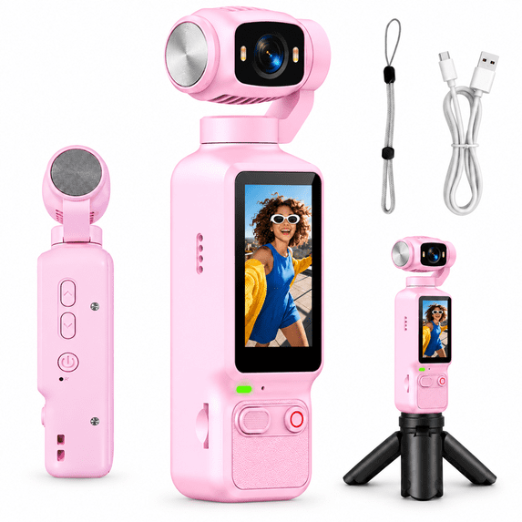 180° Rotating Lens Pocket Vlogging Camera, 100MP Digital Camera, 4K Video Recording, 1.97" Screen, 32GB Card, Handheld Camera for Travel, Daily Life, Pink