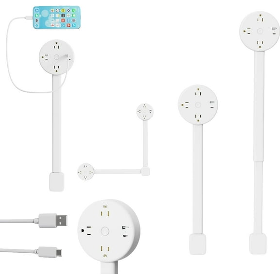 Extendable Rotating Outlet Extender with USB-A & USB-C, 2 AC Outlets, 180 Swivel, Telescopic Design (17-27") for Hard to Reach Places - Use Behind Couches, Desks, Nightstands (Round)