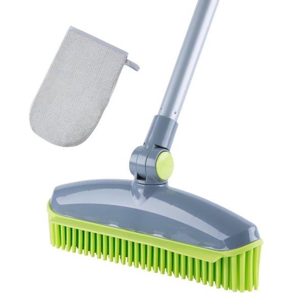 180?Rotating Rubber Broom with for Removal - 51" Iron Handle Remover Rake Brush for Carpet, Hardwood & Tile Floors, Includes Removal Gloves (Green)