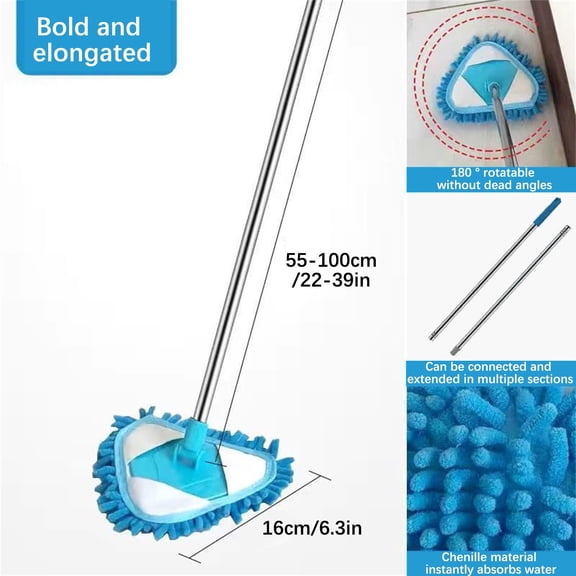 180° Rotating Triangular Mop - Long Reach Extendable Cleaning Mop for Ceilings, Walls, Hard Floors - 3-Piece Telescopic Handle - Wet and Dry Dusting Mop for Home, Multi-Surface