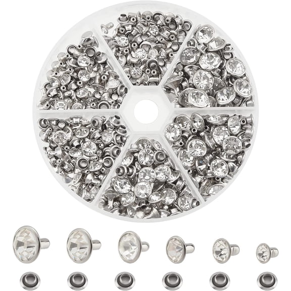 180 Sets Rhinestone Rivets 6 Sizes Silver Cz Clear Brass Rivets Studs
