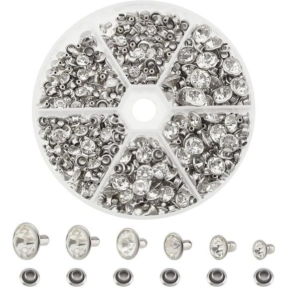 180 Sets Rhinestone Rivets 6 Sizes Silver Cz Clear Crystal Brass Rivets Studs for Leather Craft DIY Making Repair DIY
