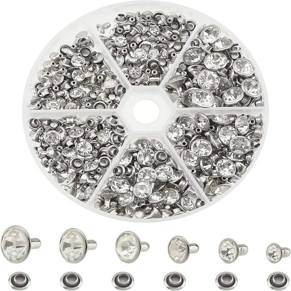 180 Sets Rhinestone Rivets 6 Sizes Silver Cz Clear Crystal Brass Studs for Leather Craft DIY Making Repair