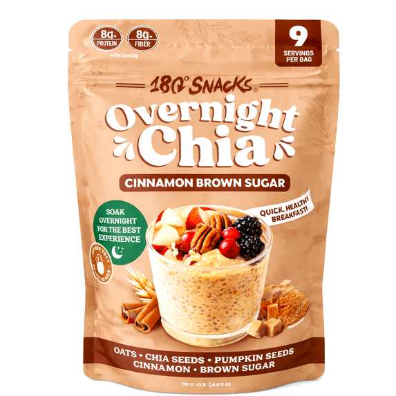 180 Snacks Overnight Chia Oats, Cinnamon Brown Sugar w/ Oats & Pumpkin Seeds, 16 oz, 9 Servings, High Fiber Breakfast Mix