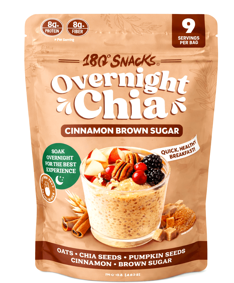 180 Snacks Overnight Chia Oats, Cinnamon Brown Sugar w/ Oats & Pumpkin Seeds, 16 oz, 9 Servings, High Fiber Breakfast Mix
