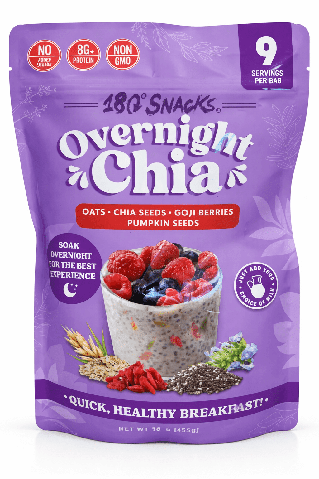 180 Snacks Overnight Chia with Oats, Goji Berries & Pumpkin Seeds, Healthy Breakfast Mix, 16 oz, 9 Servings