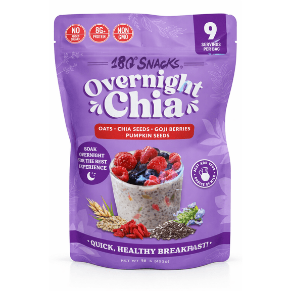180 Snacks Overnight Chia with Oats, Goji Berries & Pumpkin Seeds, Healthy Breakfast Mix, 16 oz, 9 Servings
