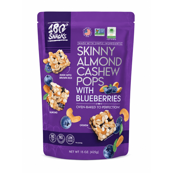 180 Snacks Skinny Almond Cashew Pops with Blueberries, Oven-Baked Brown Rice Snack, 15 oz Resealable Bag