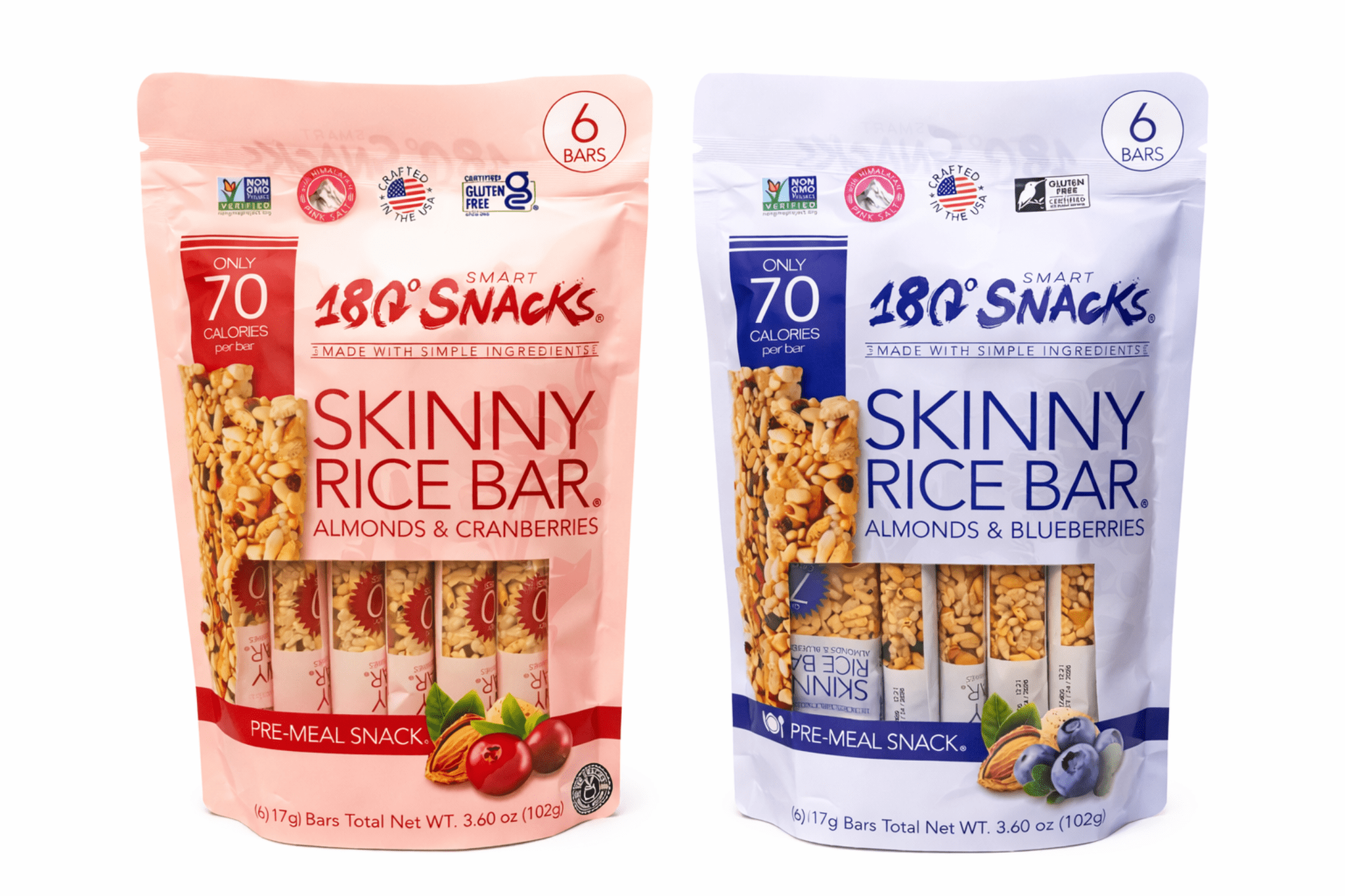 180° Snacks Skinny Rice Bars, Almonds & Blueberries, Gluten Free, Vegan, 6 Bars, 3.6 oz