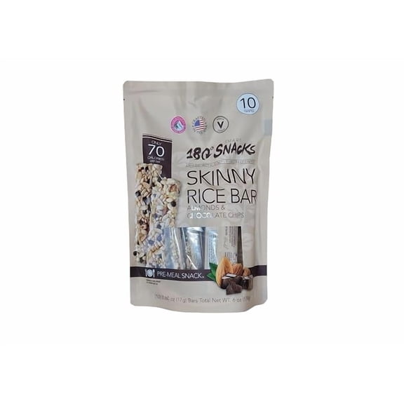 180 Snacks Skinny Rice Bars, Almonds & Chocolate Chips, 10 Count, 6 oz, Vegan, 70 Calories Per Bar