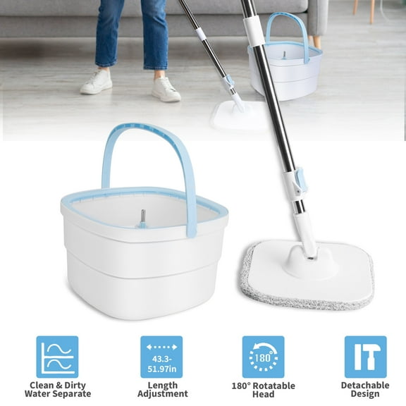 180° Spin Mop and Bucket w/ Wringer Set Microfiber Mop and Bucket Set w/ Water Separate System