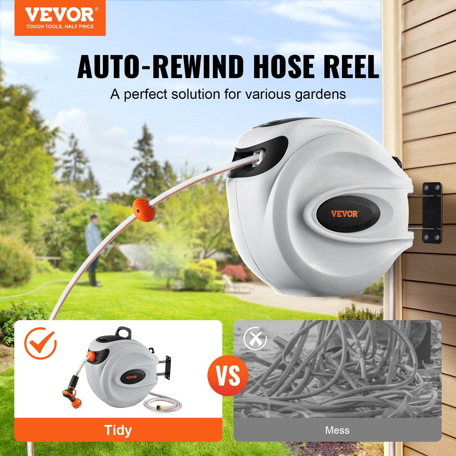 Heavy Duty Retractable Garden Hose Reel 84’ x 5/8” Wall Mounted with 180° Swivel – Durable Water Hose Reel for Outdoor Use