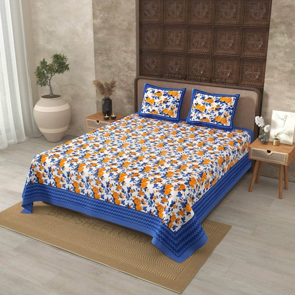 180 TC Cotton Blue Wavy Border and Floral Print 100% Pure Cotton 90 x 108 Inch Double BedSheet with 2 Pillow Covers