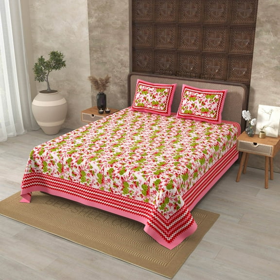 180 TC Cotton Pink Wavy Border and Floral Print 100% Pure Cotton 90 x 108 Inch Double BedSheet with 2 Pillow Covers