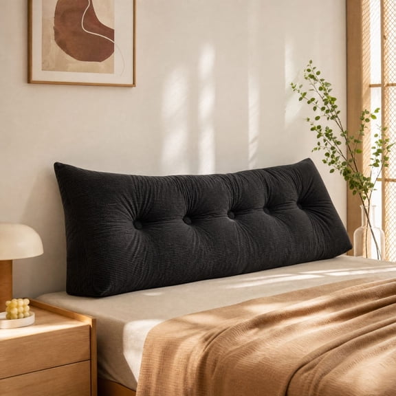 180 cm (70.9 in) Black Tufted Bed Wedge Headboard Pillow, Upholstered Backrest Cushion with Button Detail and Supportive Triangular Shape, For Bed, Sofa, Daybed, Reading, Sitting and Bedroom Decor
