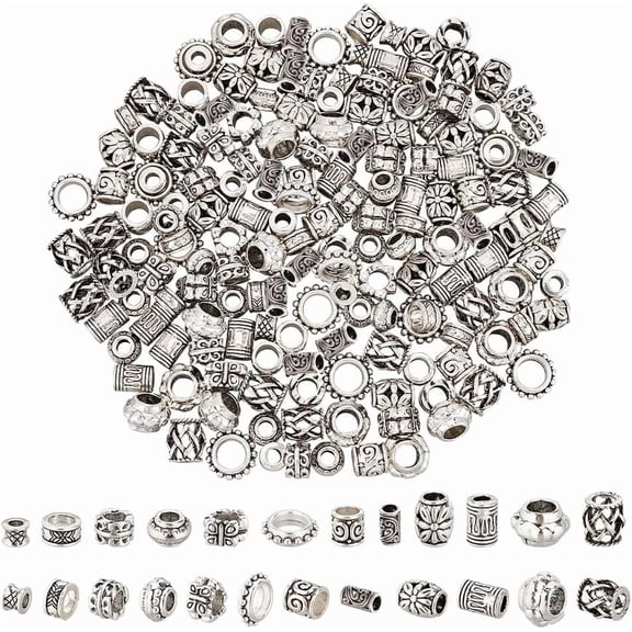 180 pcs 12 styles African Hair Beads Silver Hair Beads Tibetan style European Beads Large Hole Beard Beads Dreadlock Beads for Hair Braiding Jewelry Making Hole: 3.5~7mm