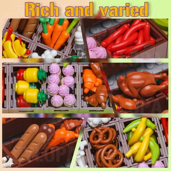 180 pcs City-Food Supermarket-Kitchen-Restaurant Toy Kit Ice-Cream-Cupcakes Breadt-Fish Crab-Hotdog-Stall-Turkey Banana Carrot