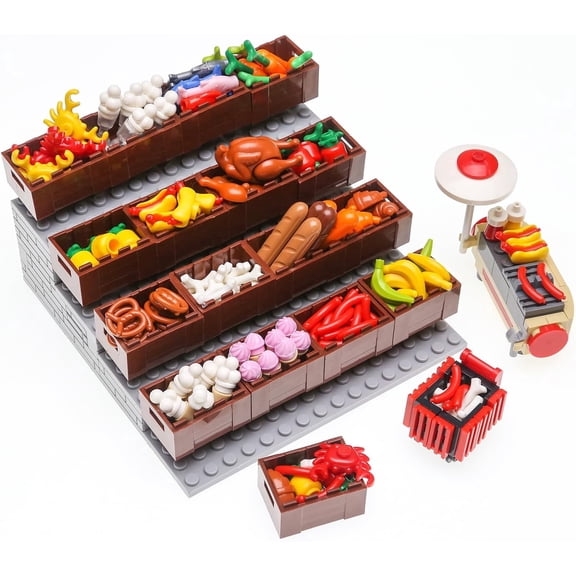 City Food Supermarket Kitchen Restaurant Toy Kit Ice Cream Cupcakes Bread Fish Crab Hotdog Stall Turkey Banana Carrot 180 Pieces