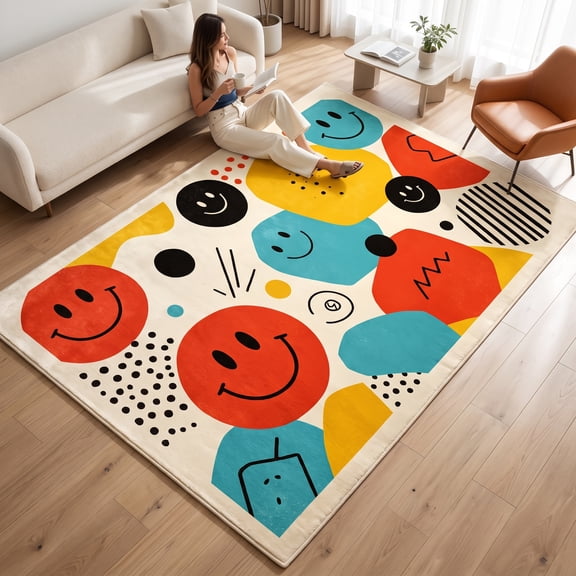 180 x 250 cm Velvet Area Rug, 1 cm Thick Abstract Smiley Face Geometric Carpet, Colorful Rectangular Floor Mat for Living Room, Bedroom, Office, Reading Nook and Modern Home Decor