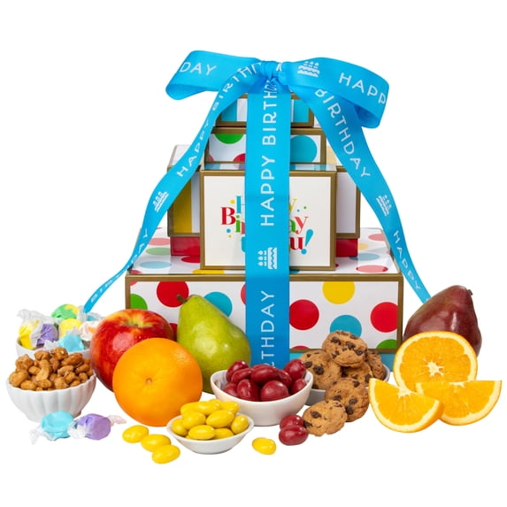 GreatFoods Happy Birthday Fresh Fruit Tower with Peanuts, Cookies, Chocolate Cherries & More Great fruit basket gift for corporate gifting, snack gift basket, gourmet food gifts