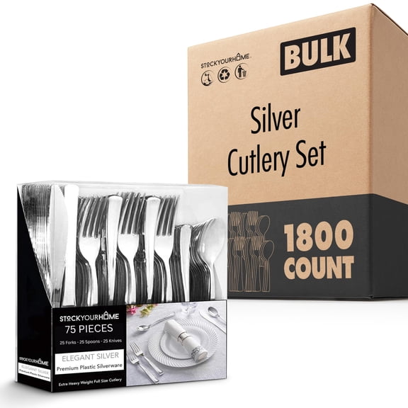 1800 Count Heavy Duty Silver Plastic Cutlery Set 600 Forks, 600 Spoons, 600 Knives Disposable Flatware for Parties, Weddings, Catering Stock Your Home