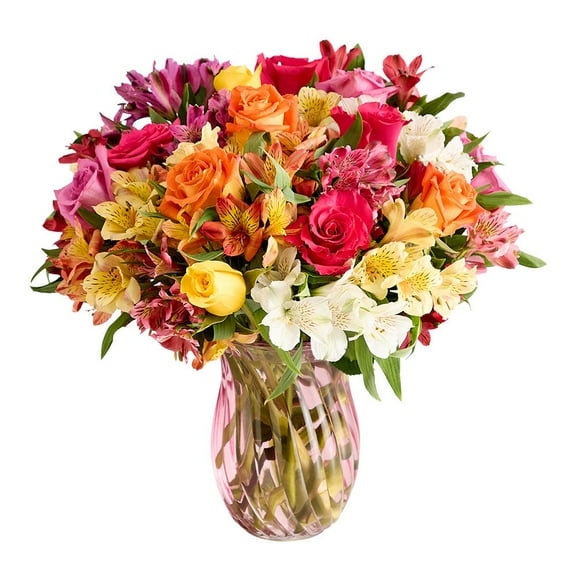 1800 Flowers - Assorted Roses & Peruvian Lilies Double: Orange, Pink, & Multicolor Fresh Cut Flowers with Pink Vase, Decorative