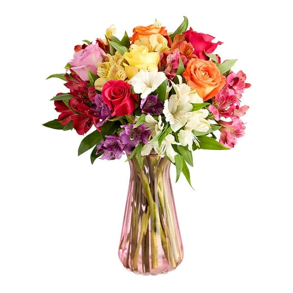 1800 Flowers - Assorted Roses & Peruvian Lilies Single: Orange, Pink, & Multicolor Fresh Cut Flowers with Pink Vase, Decorative