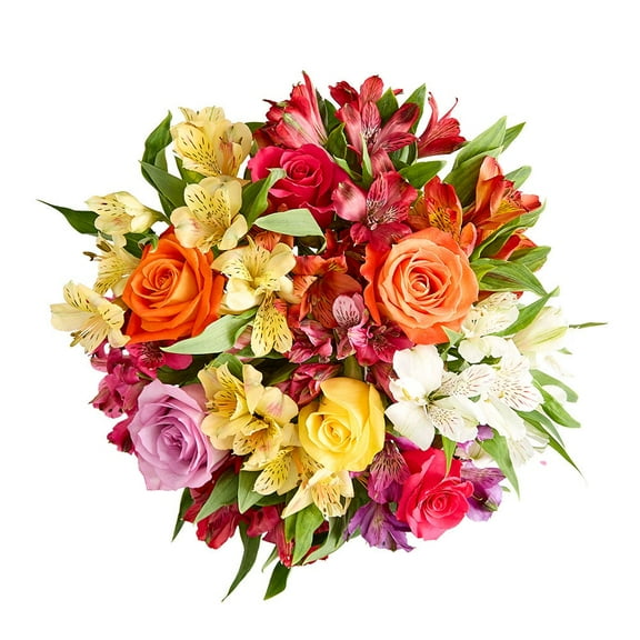 1800 Flowers - Assorted Roses & Peruvian Lilies Single: Orange, Pink, & Multicolor Fresh Cut Flowers with Pink Vase, Decorative
