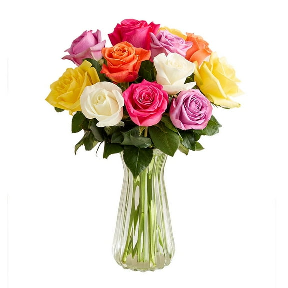 1800 Flowers - Rose Bouquet: 12 Multicolor Roses with Clear Vase, Decorative