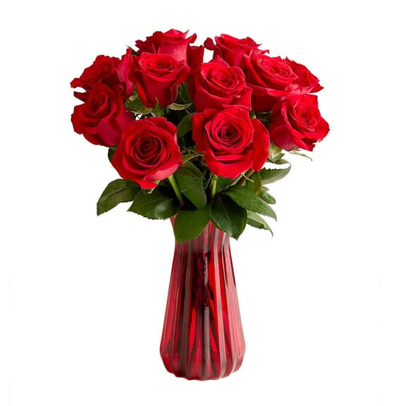 1800 Flowers - Rose Bouquet: 12 Red Roses with Red Vase, Decorative