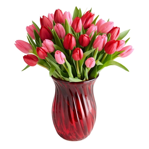 1800 Flowers - Tulip Bouquet: 30 stems of  Pink & Red Tulips with Red Vase, Decorative