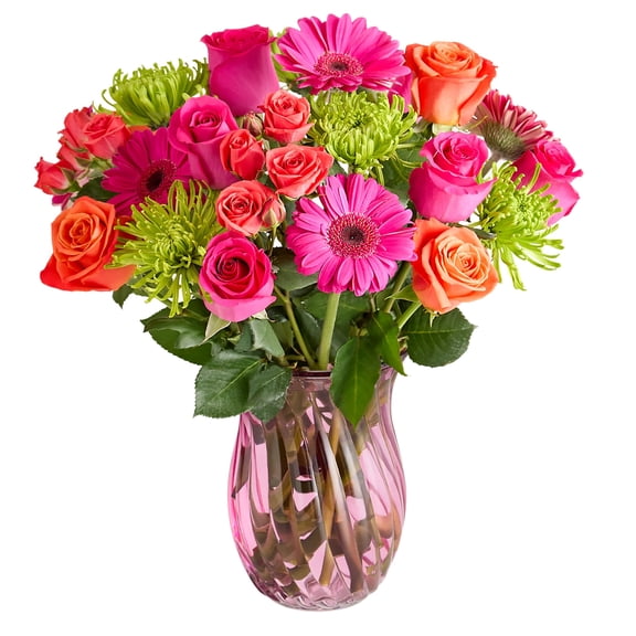 1800 Flowers - Vibrant Blooms Double Bouquet: Multicolor Fresh Cut Flowers with Pink Vase, Decorative