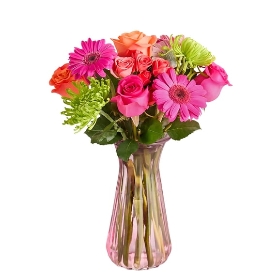 1800 Flowers - Vibrant Blooms Single Bouquet: Multicolor Fresh Cut Flowers with Pink Vase, Decorative